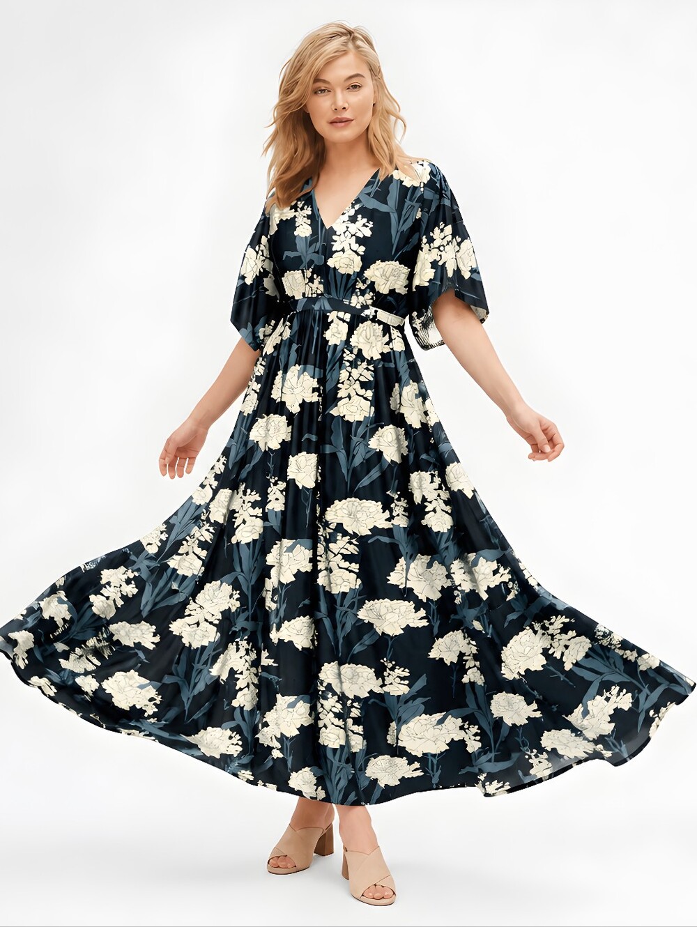 NWT ELLOS Stretch Knit Fit & Flare Elbow-Length Sleeve Tie-Back Maxi Dress 38/40